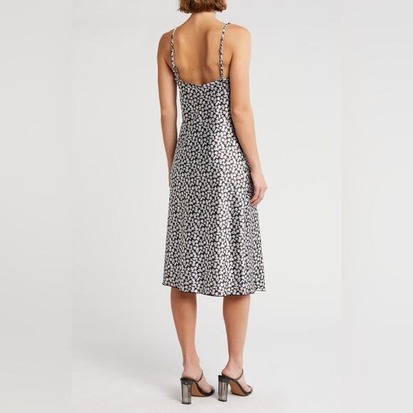 Bebe Floral Daisy Printed Satin Cowl Neck‎ Midi Dress Black White Medium Dainty - Picture 7 of 13
